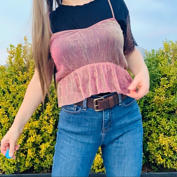 LF OneWay Lurex Rose Gold Yellow Gold Glow Ruffle Peplum Sheer Cami Top - Picture 8 of 12